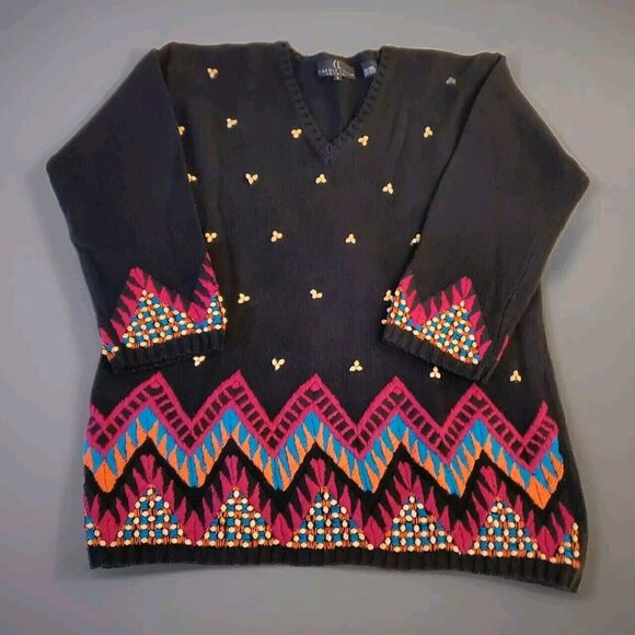 Carole Little Aztec Beads Sweater Sz S Cottagecore Grandma Core Y2K Ramie Cotton - Picture 1 of 9